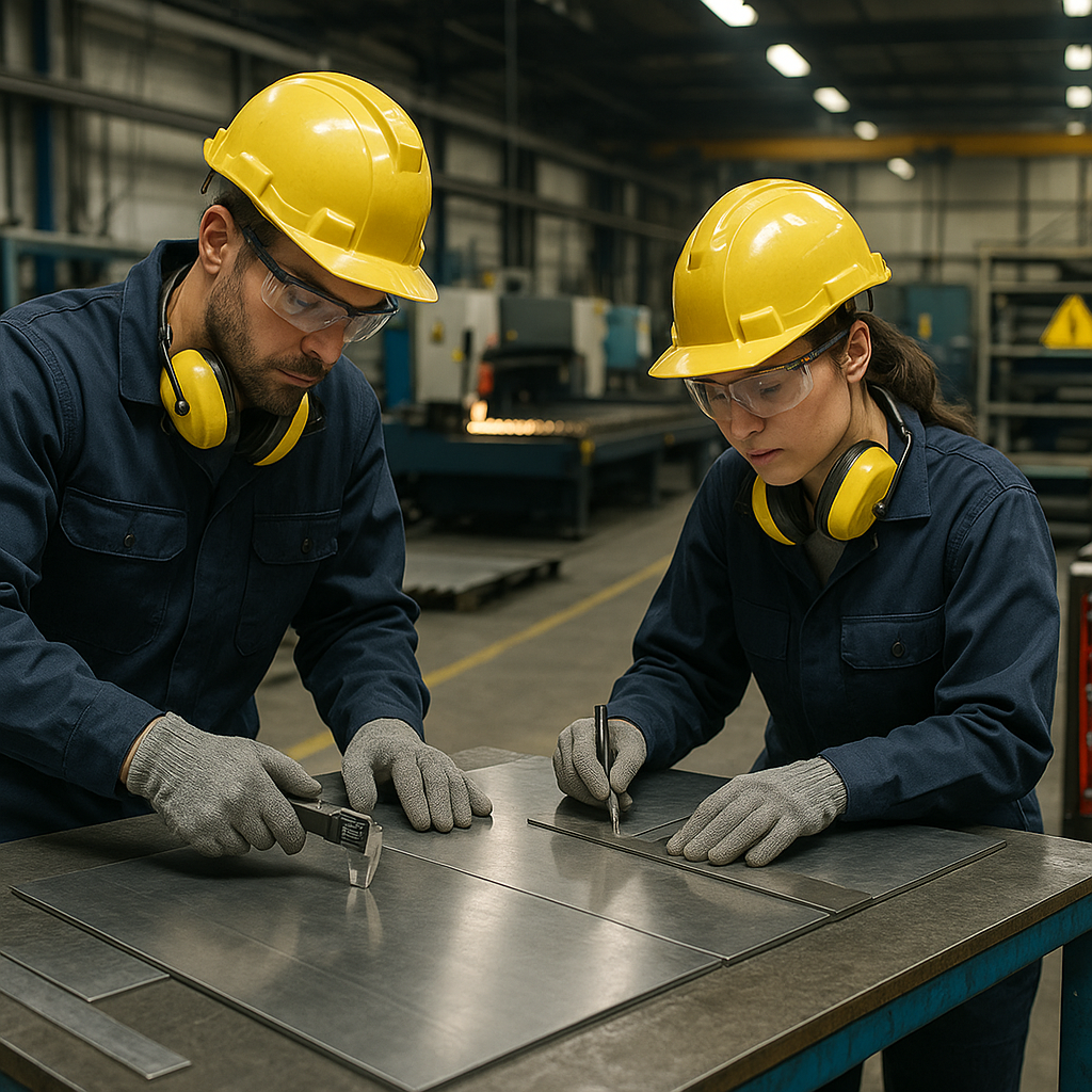 Technicians carefully measuring metal sheets on a factory floor with efficient cutting machines in the background.