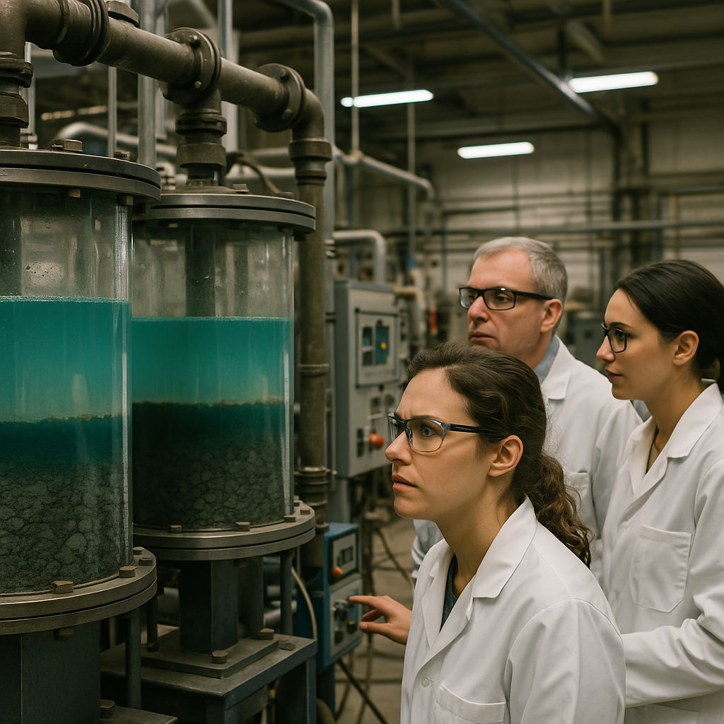 Technicians monitoring tanks and filtration equipment, observing blue-green liquid separating from crushed ore in an industrial setting.