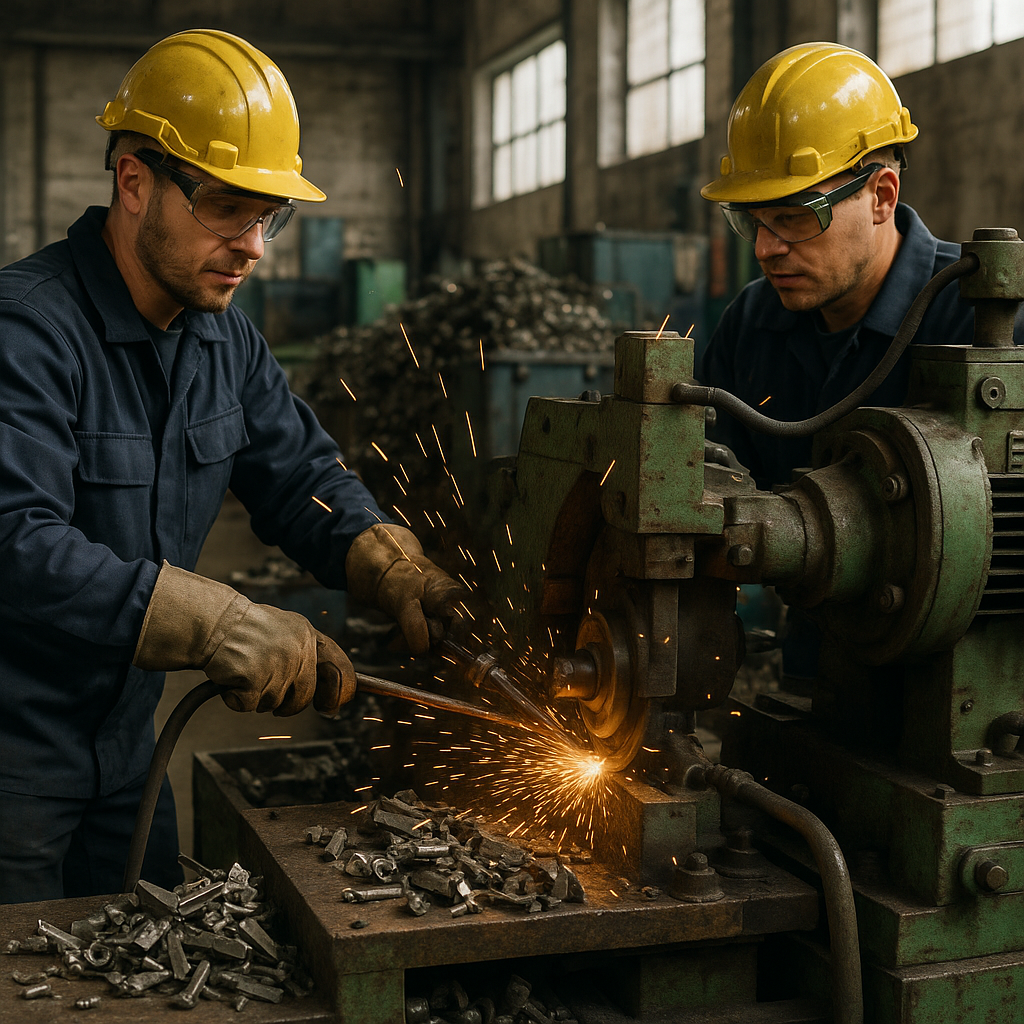 Workers operating industrial machinery to extract tungsten from scrap metal, with sparks flying in a recycling facility while wearing safety gear.