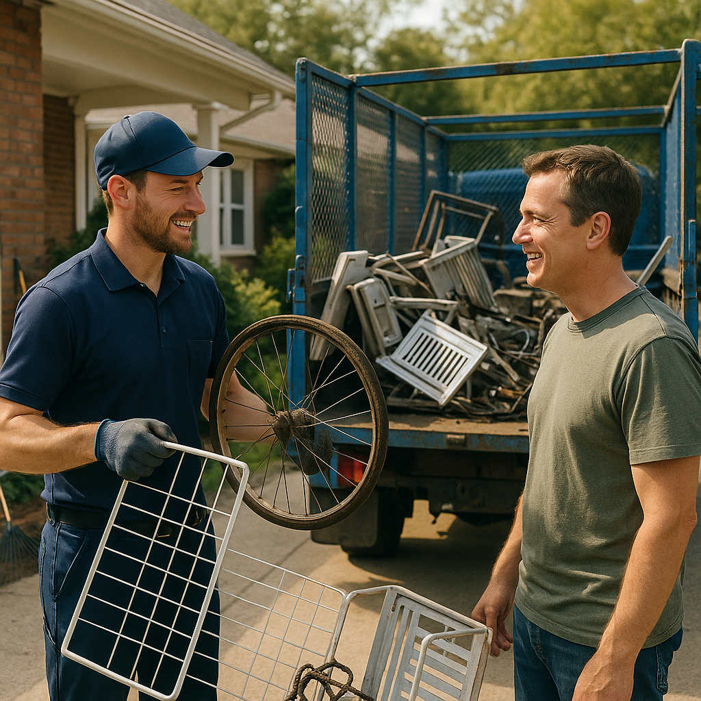 Uniformed worker loading scrap metal items into a collection truck while interacting with a homeowner outside a suburban home.