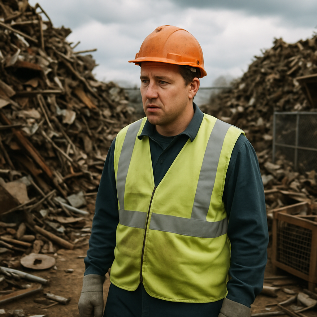 Concerns in the Recycling Yard Piles of unsorted metal scrap in a cluttered recycling yard with a concerned worker under a cloudy sky