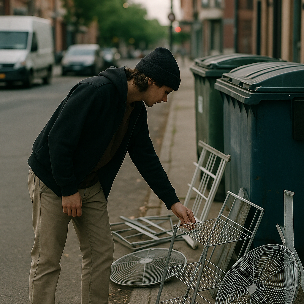 A person inspecting curbside for scrap metal among discarded metal items near dumpsters in an urban street during early morning light.