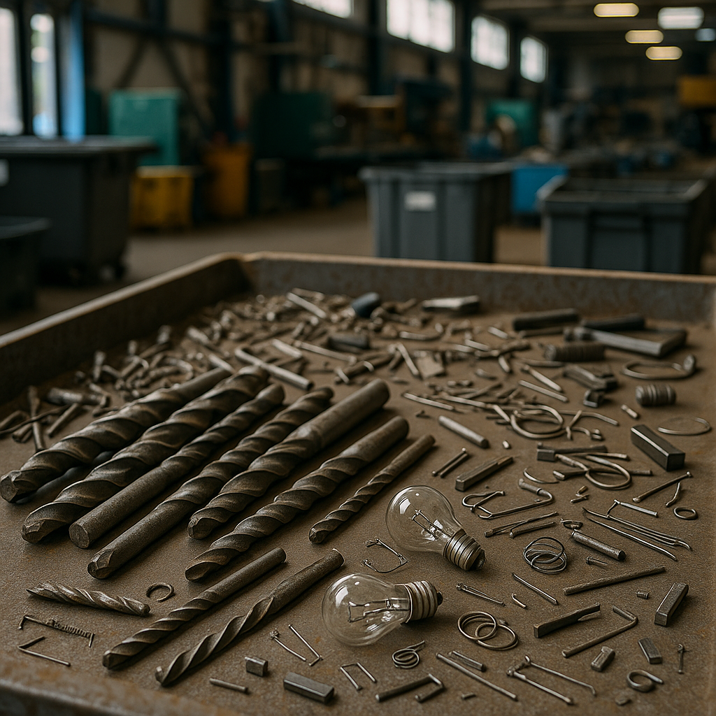 Collection of used tungsten products including drill bits, light bulb filaments, and metal scraps on a sorting table in a recycling facility.