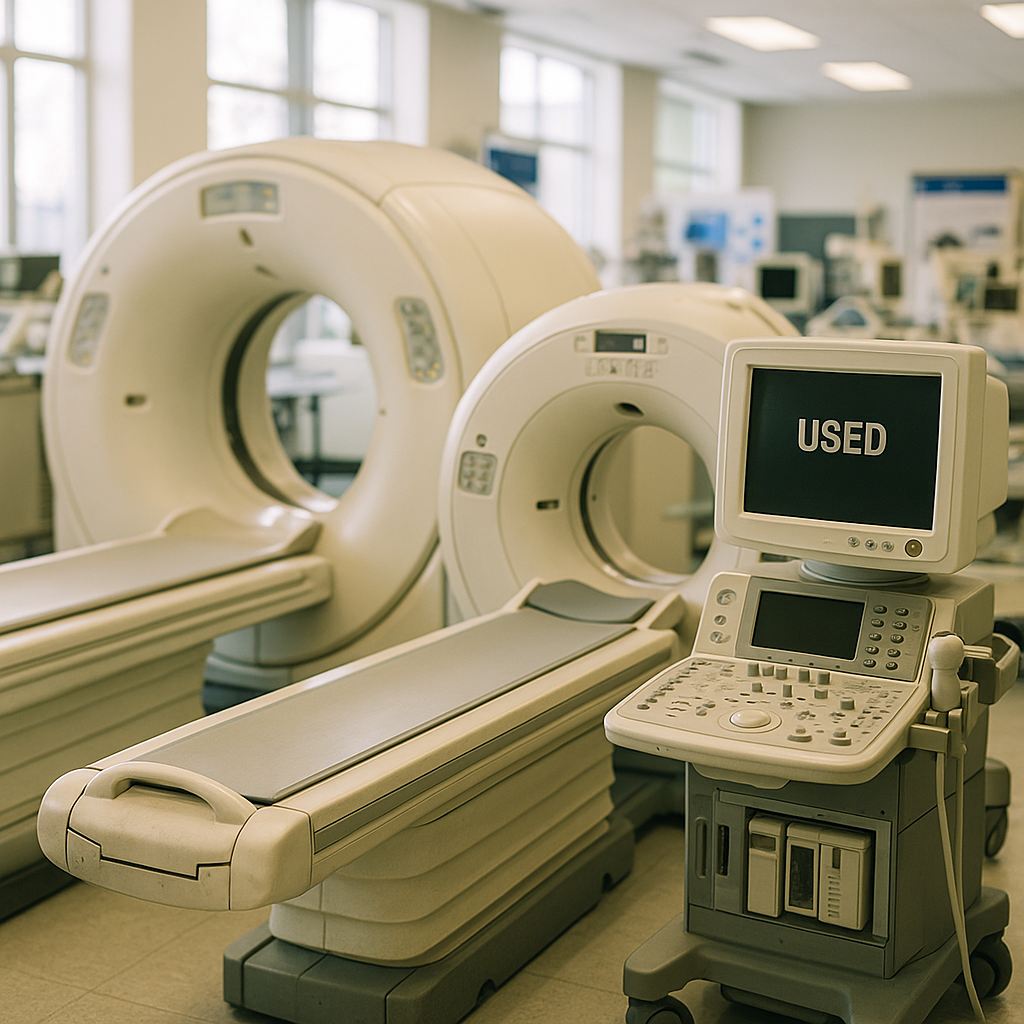 Variety of Used Medical Imaging Devices in Showroom A variety of used medical imaging devices including MRI, CT scanner, and ultrasound machines displayed in a bright showroom.
