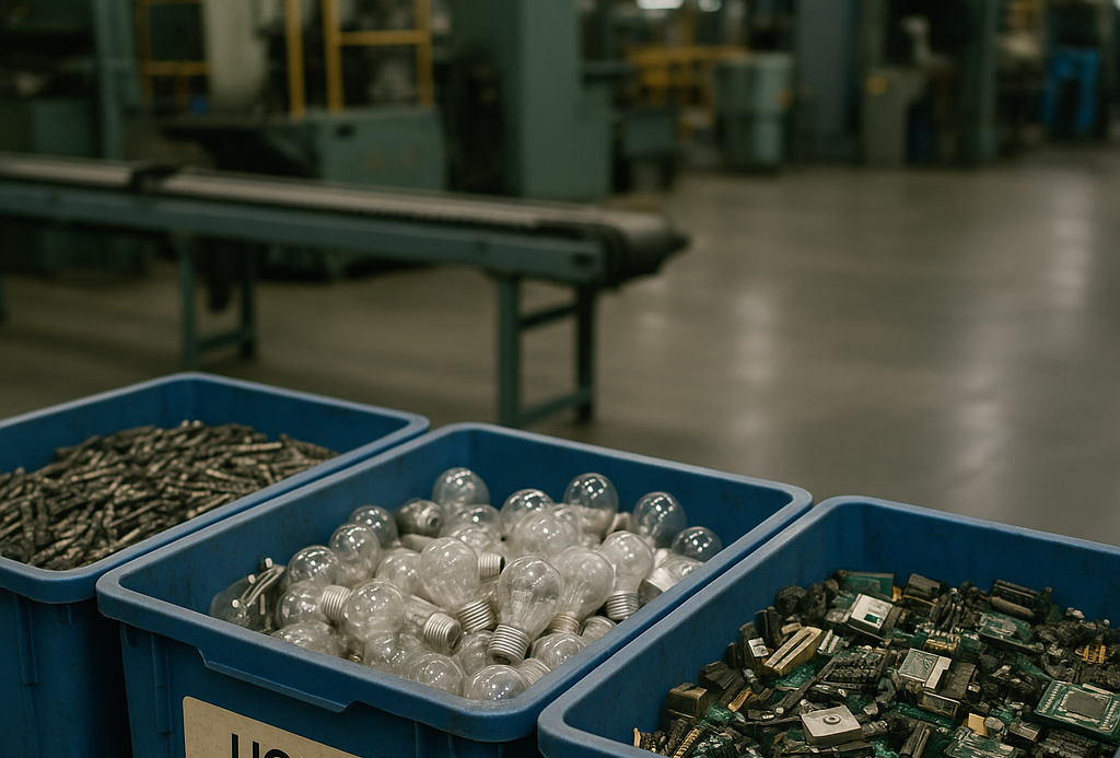 Collection bins with used tungsten drill bits, light bulbs, and electronic parts sorted on a factory floor.