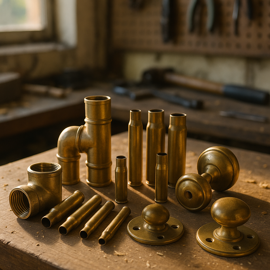 Various brass items including plumbing pipes, spent bullet casings, and brass doorknobs arranged on a well-lit workbench.