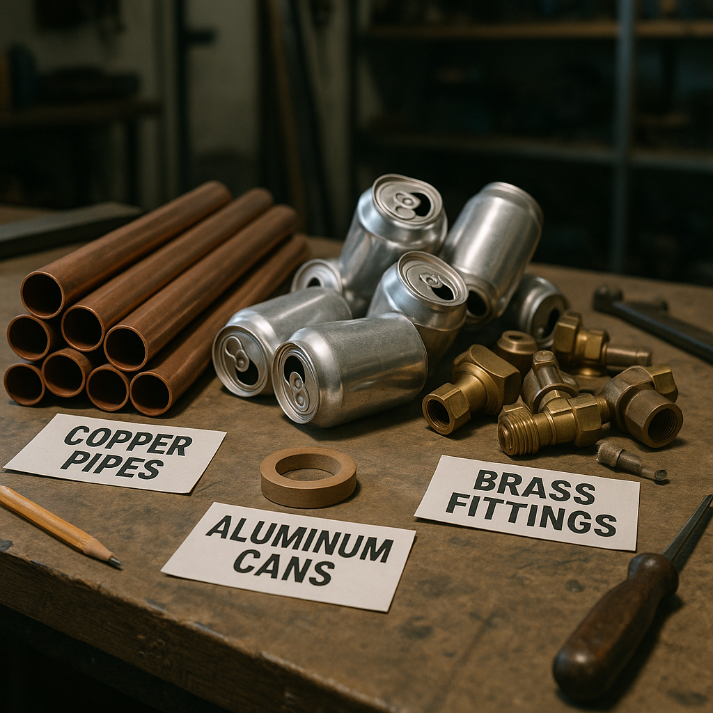 Neatly Organized Scrap Metals Various scrap metals like copper pipes, aluminum cans, and brass fittings neatly arranged on a workshop table, labeled by type, under bright lighting.