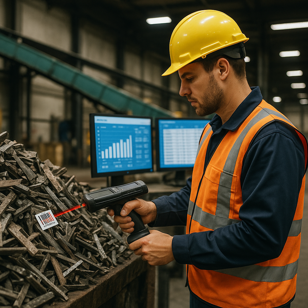 Warehouse worker scanning barcodes on metal scrap piles with a handheld device, conveyor belt and screens displaying real-time logistics data in the background.