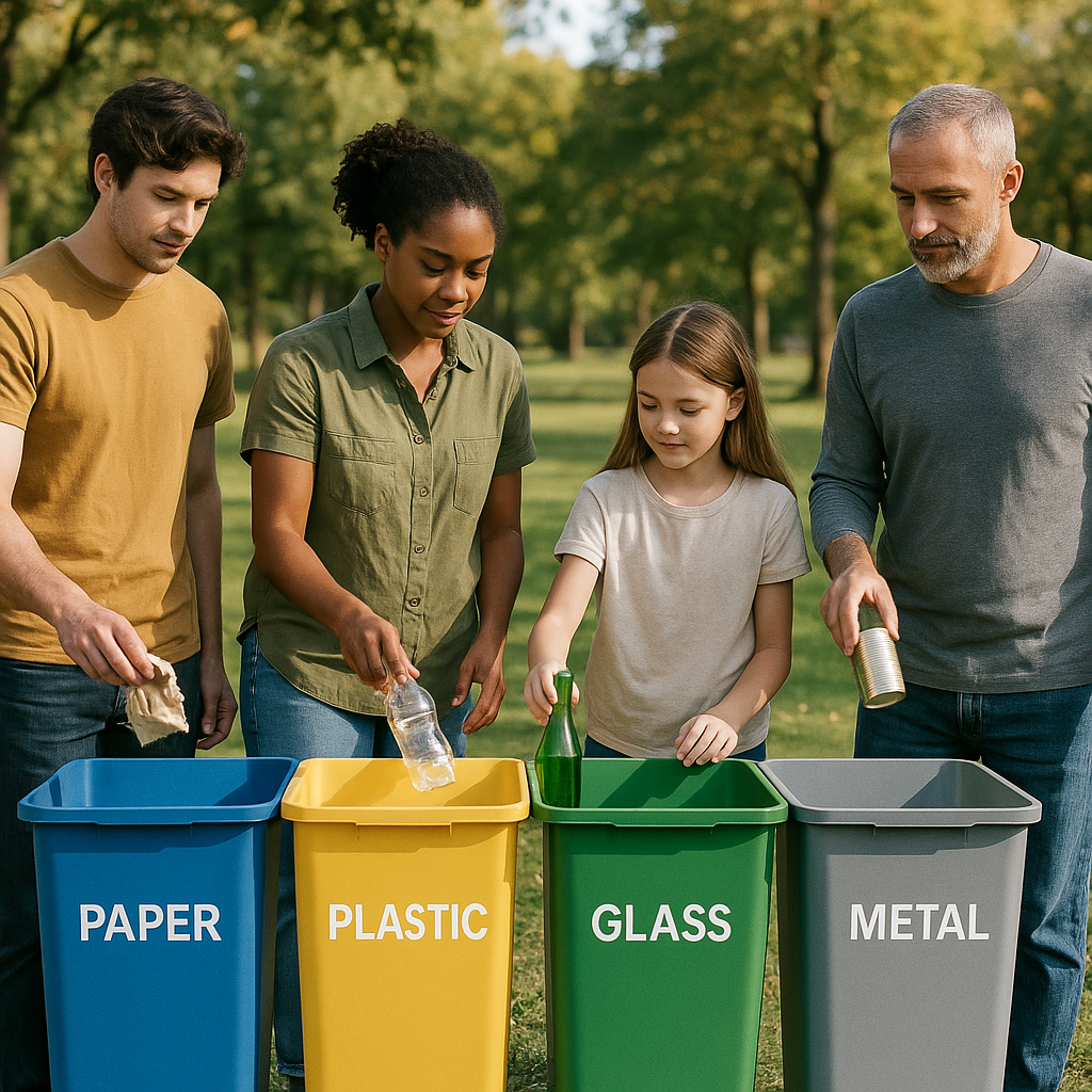 Diverse sorted waste bins labeled for paper, plastic, glass, and metal with people placing items into each bin outdoors in clear daylight.