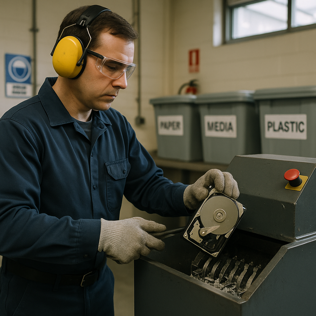 Worker Operating Industrial Shredder for Hard Drive Destruction A worker operates an industrial shredder to securely destroy hard drives, wearing safety equipment in a well-organized workspace with clearly labeled bins.