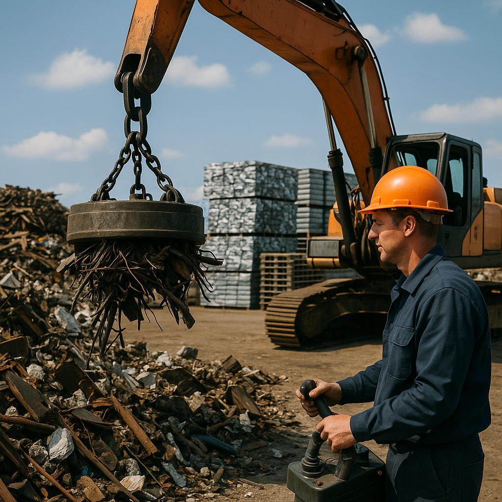 Efficient Metal Separation with Magnetic Crane Worker operating a magnetic crane to efficiently separate metal from waste piles on a sunny day.
