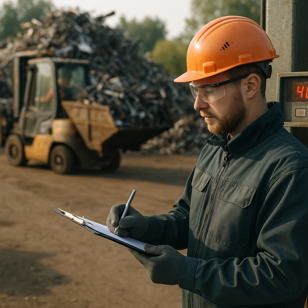 Worker Measuring Scrap Metal Weight in Recycling Facility Worker recording weight results beside scrap metal on an industrial scale, with a forklift moving scrap in a recycling facility.