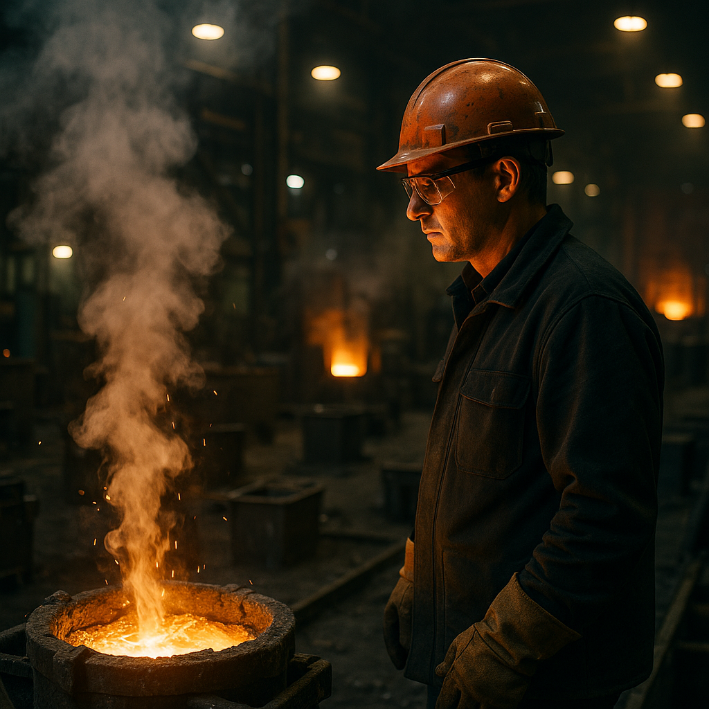 Worker Monitoring Melting Process in Industrial Environment Worker monitoring the melting process in a hot industrial environment, equipped with safety gear, dealing with smoke and slag.