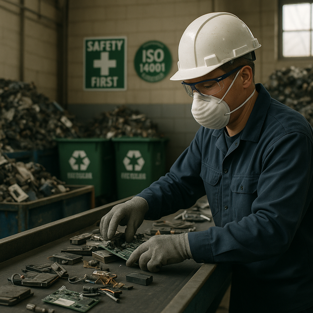 Worker Sorting Electronics in Recycling Center Worker in a recycling center sorting electronics with certification signs visible in the background, showcasing a clean and safe environment.