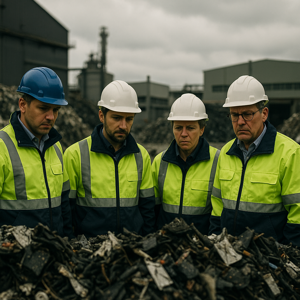 Workers in safety gear inspecting large piles of industrial waste in a factory yard under overcast skies.