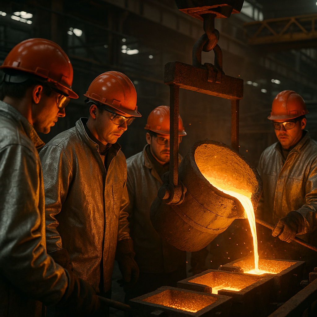 Workers in protective gear monitoring molten metal pouring into molds at a modern refinery.