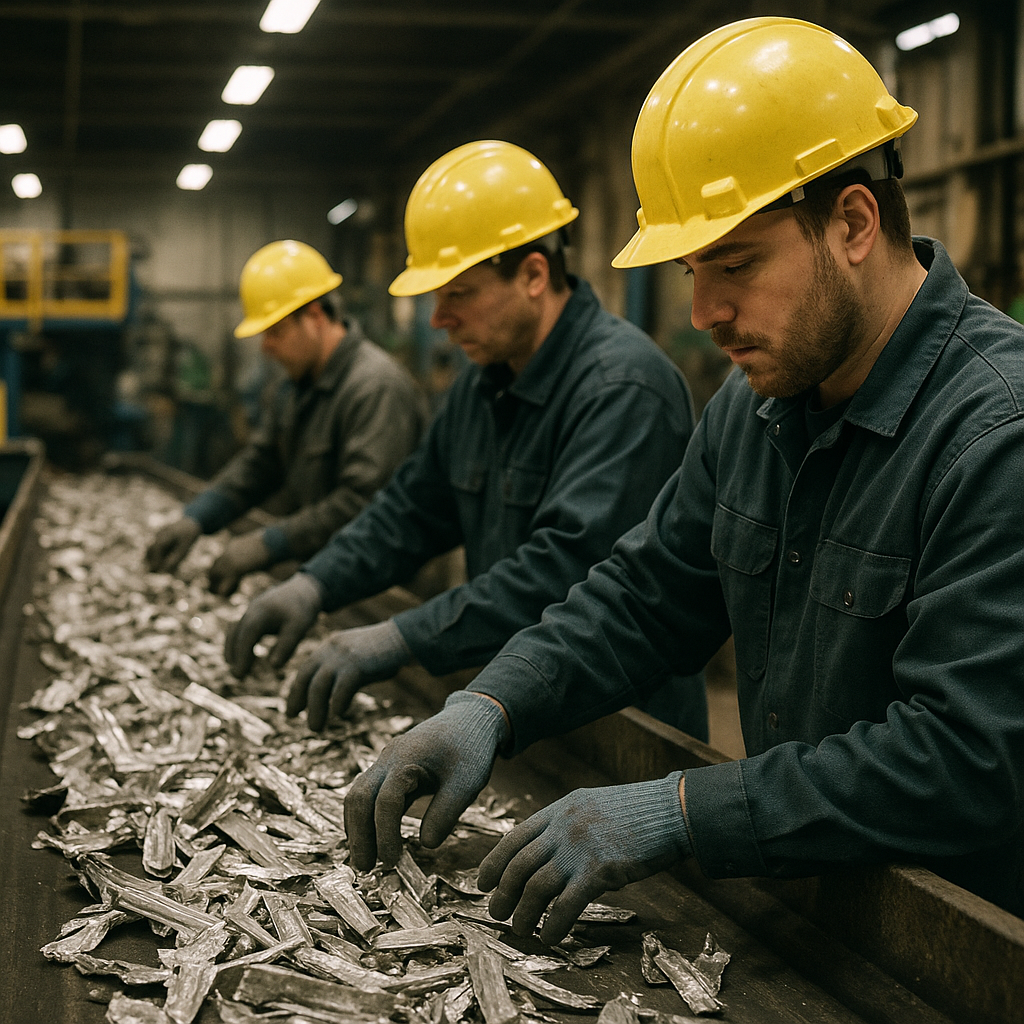 Aluminum Scrap Recycling Process Workers sorting and cleaning aluminum scrap pieces on a conveyor belt in an industrial recycling plant