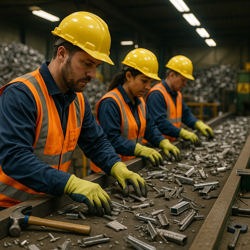 Workers wearing safety gear sorting metal scraps on a conveyor belt at an industrial recycling facility, with large piles of aluminum and steel in the background.