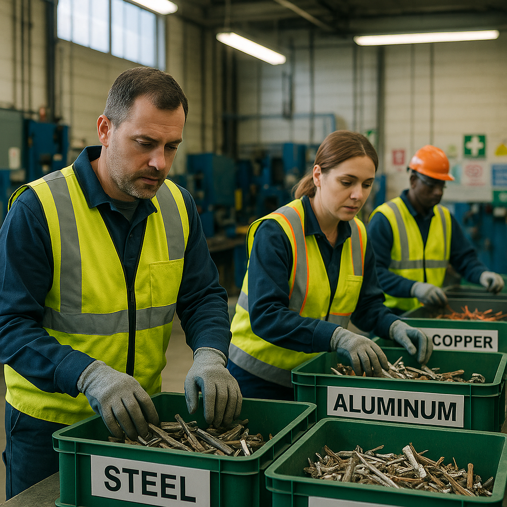 Workers wearing safety vests sorting metal scraps into labeled bins in a well-lit industrial facility.