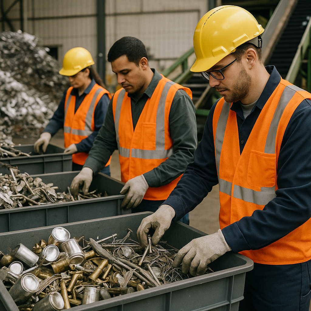Workers in safety vests sorting and recycling various metal materials at a recycling facility.
