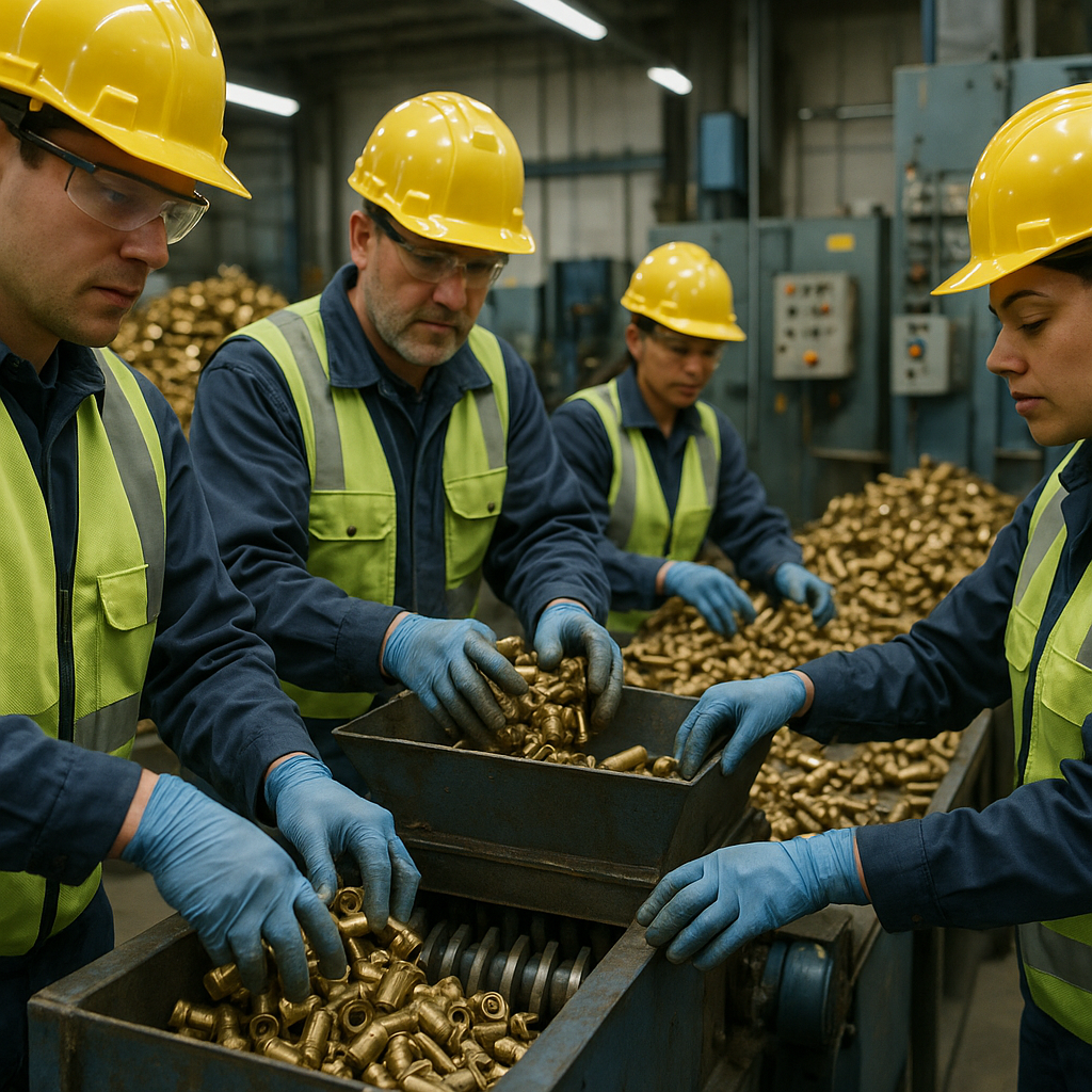 Workers wearing safety gear sorting and feeding scrap brass pieces into an industrial shredder in a recycling facility.