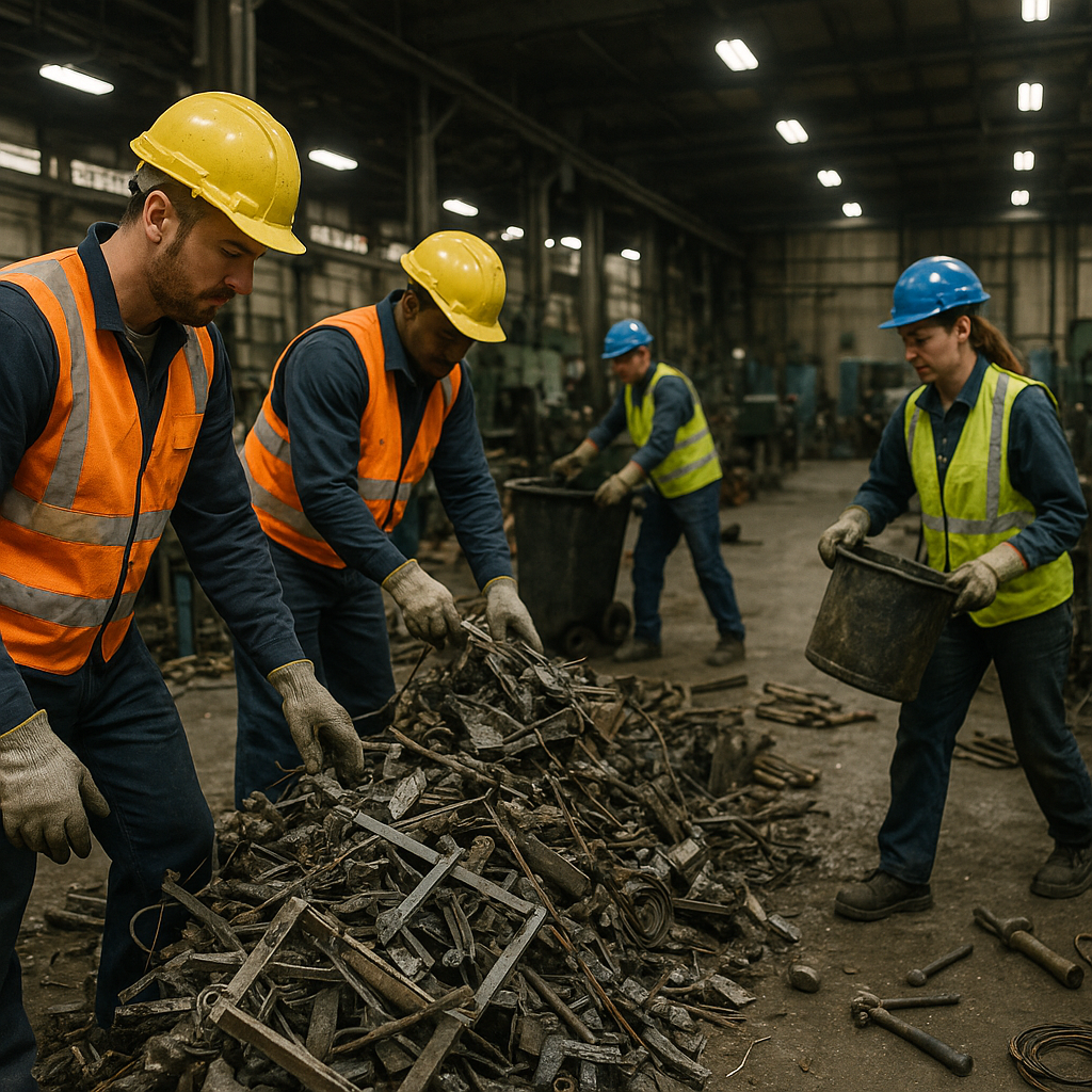 A team of workers sorting scrap metal, dismantling old equipment, and removing waste materials inside a spacious factory, all wearing safety gear.