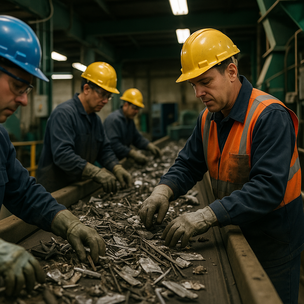 Workers Sorting Scrap Metal in Recycling Facility Workers sorting scrap metal on a conveyor belt in a recycling facility with machinery and safety gear visible under realistic lighting.