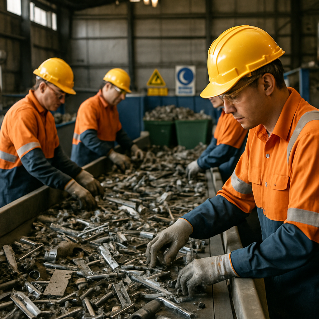 Workers sorting scrap metal at a recycling facility, using conveyor belts in an industrial setting with safety equipment.