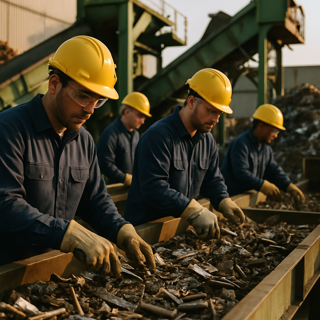 Workers sorting and processing scrap metal at a recycling facility, with conveyor belts and machinery in the background while wearing safety gear.