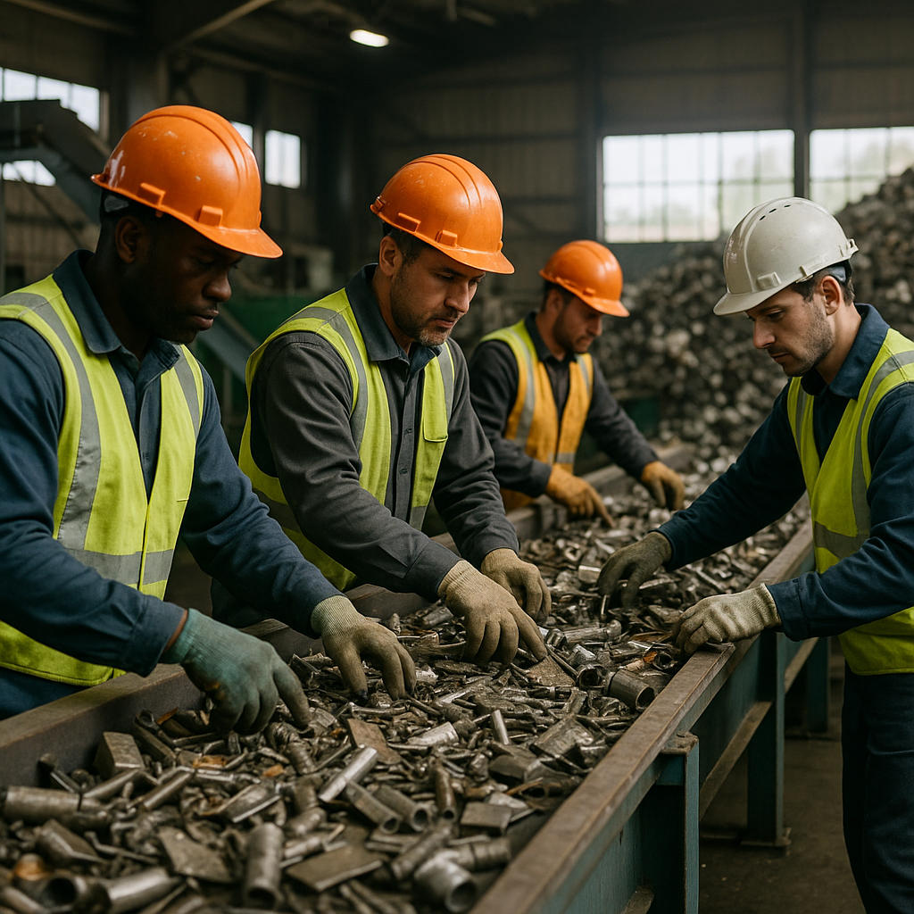 Workers sorting and separating scrap metal at a recycling facility, wearing safety gear amidst conveyor belts with metal pieces.