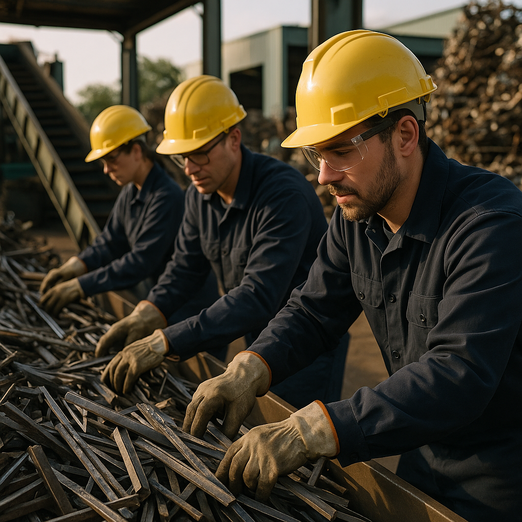 Workers sorting scrap metal in safety gear at a recycling facility with conveyor belts operating in an industrial setting.