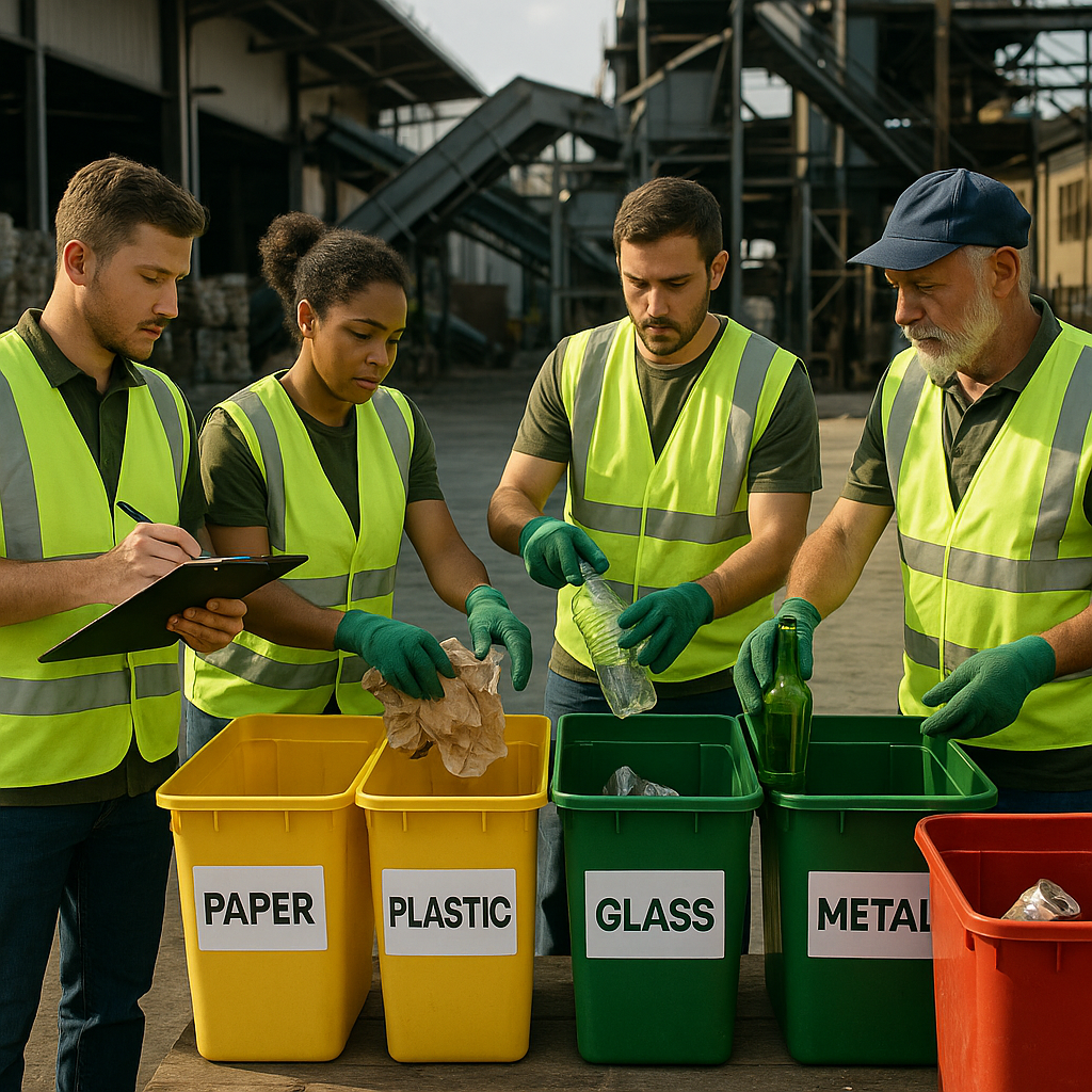 Workers in safety vests sorting waste into labeled bins at a recycling facility with a clipboard in hand and an industrial background.