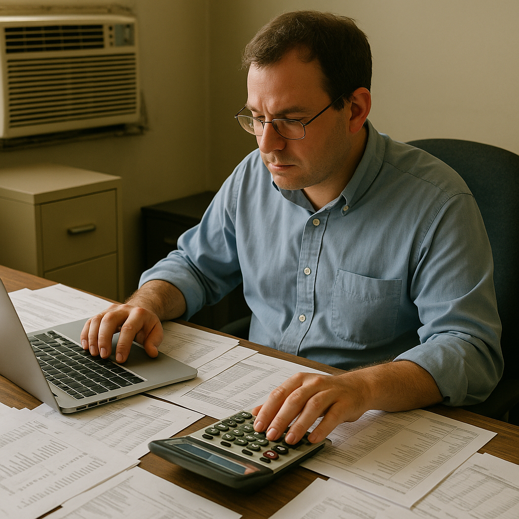Accountant at Work Accountant using a calculator and laptop next to an old air conditioner unit, with financial documents spread on a desk.