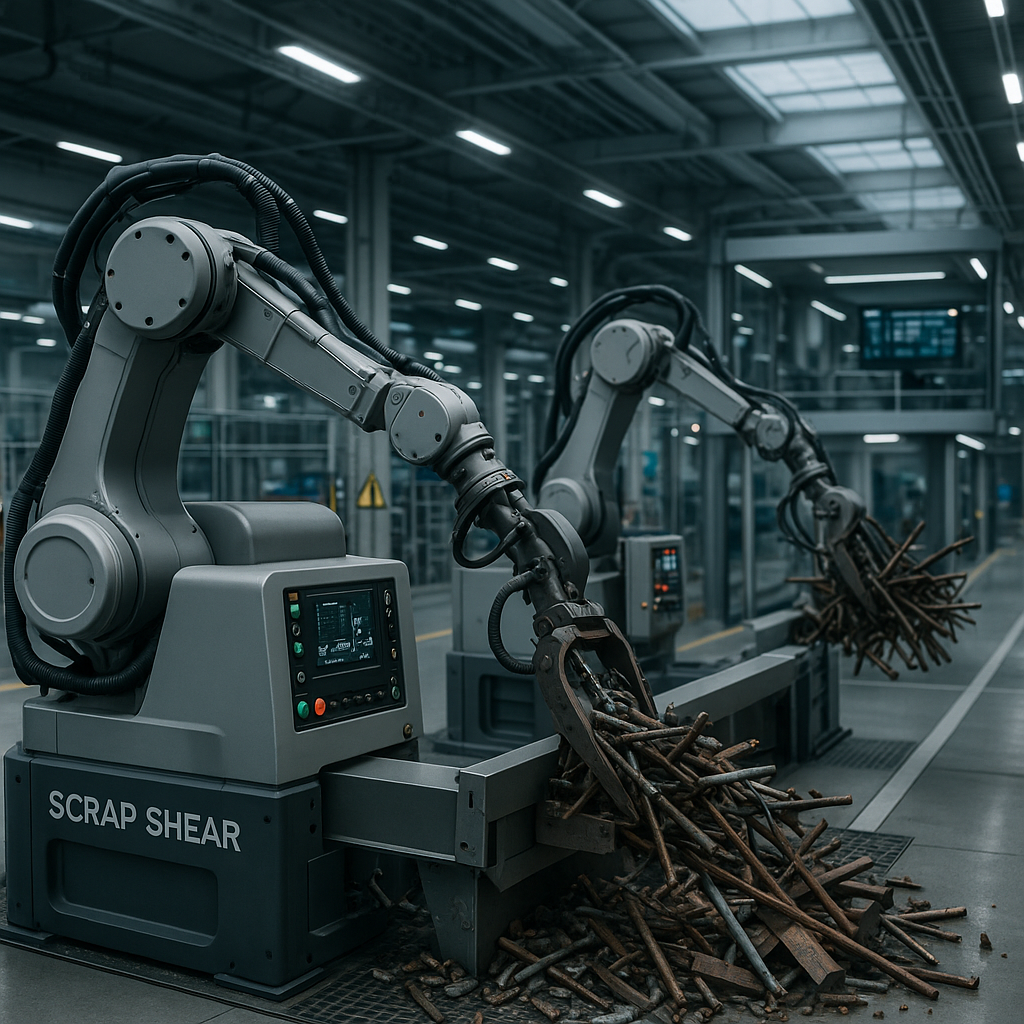 High-Tech Scrap Shear Machines in Recycling Advanced automated scrap shear machines operating in a high-tech recycling plant