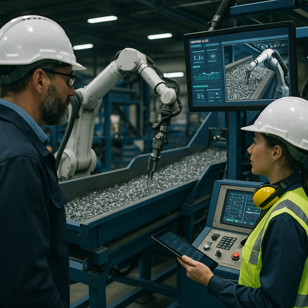 Automated Metal Sorting Line in a High-Tech Recycling Facility Engineers observing an advanced automated metal sorting line with digital screens and robotic arms.