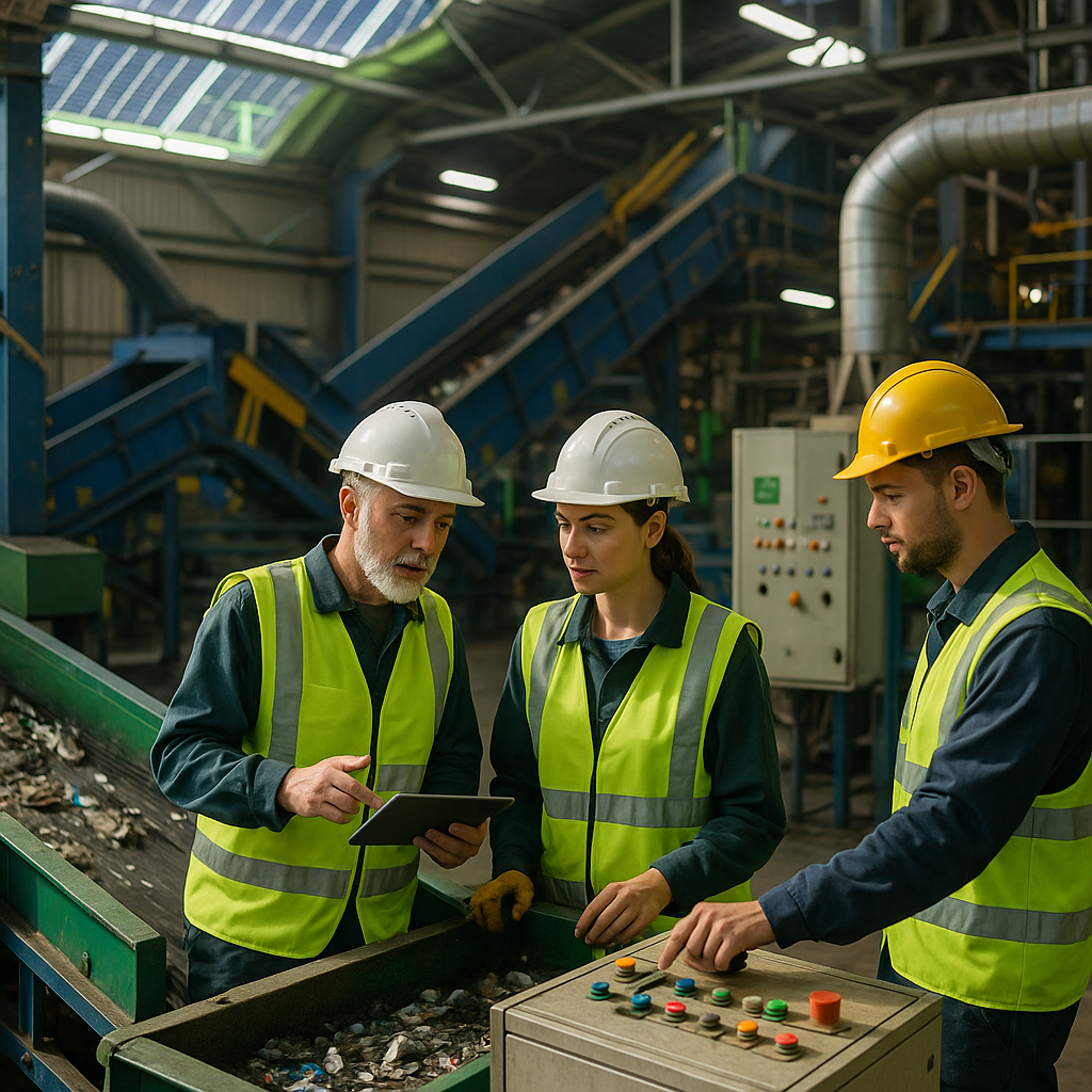 Advanced Recycling Facility with Green Energy Elements Advanced recycling facility featuring automated equipment and workers collaborating with bright lighting and solar panels.