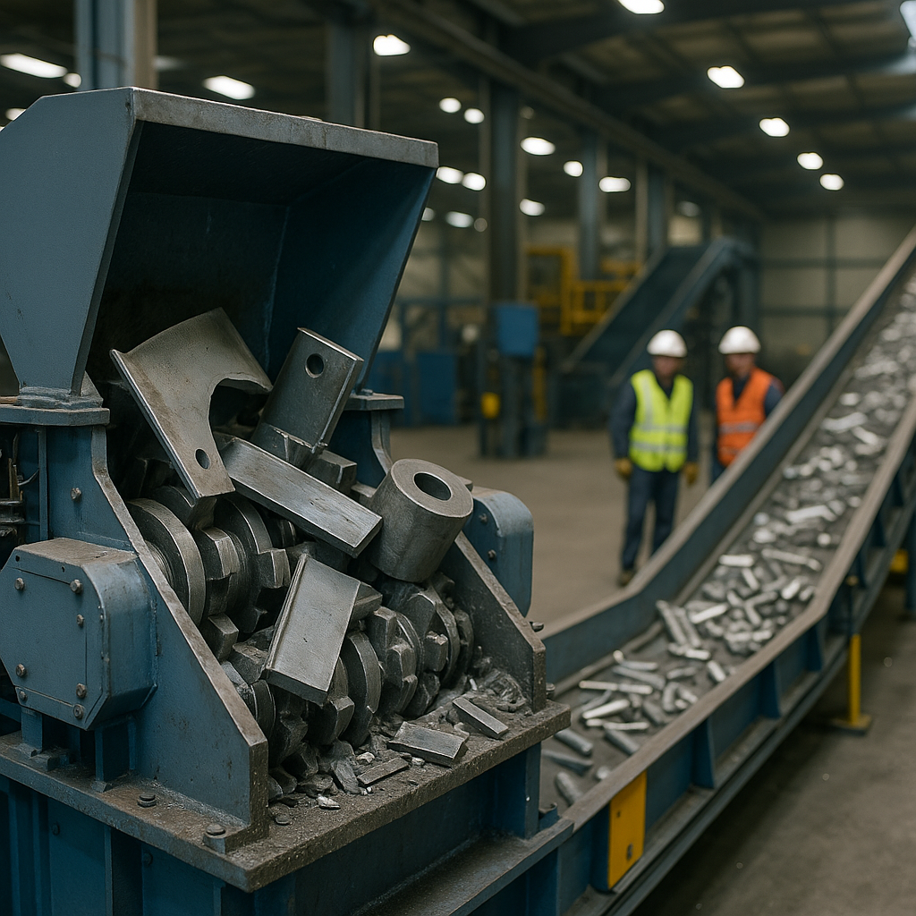 Advanced Shredding Machine in Recycling Facility Advanced shredding machine processing thick metal parts with a conveyor belt sorting light metal pieces inside a modern recycling facility.