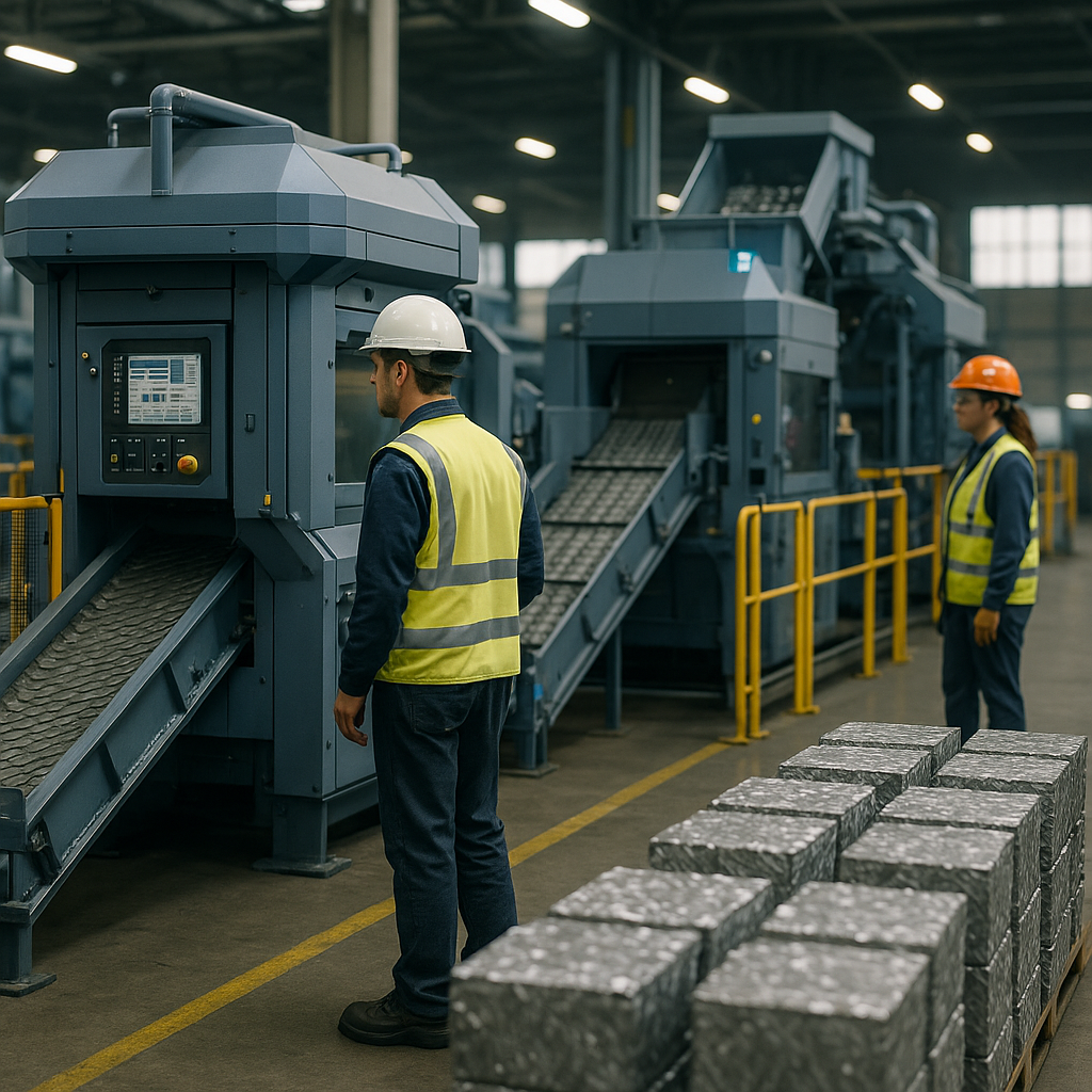 Advanced Modular Metal Recycling Facility Recycling facility with modular metal recycling machines and workers.