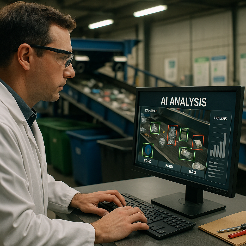 AI Analysis in Recycling Facility Technician monitoring a computer screen displaying AI analysis of objects in a recycling facility