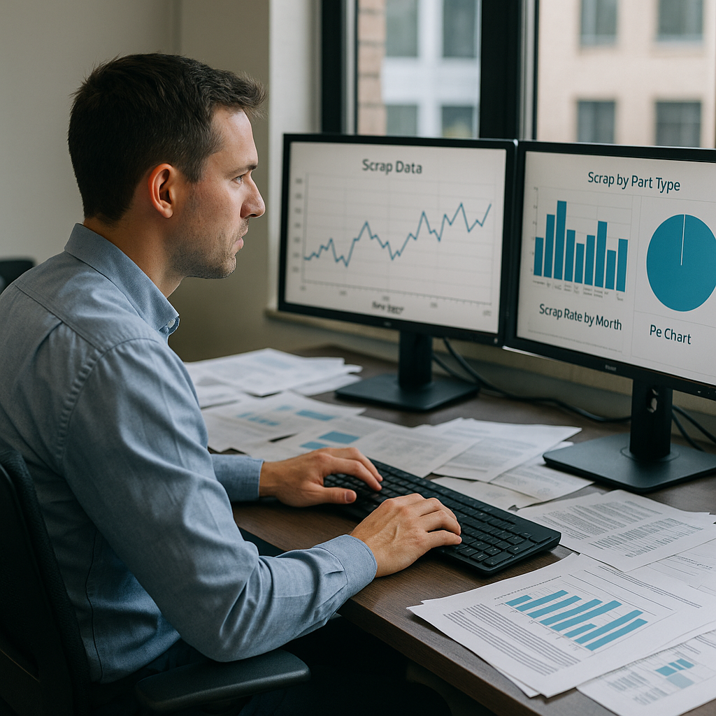 Analyst reviewing detailed scrap data charts on computer monitors in a modern office, with printed reports and graphs on a desk.