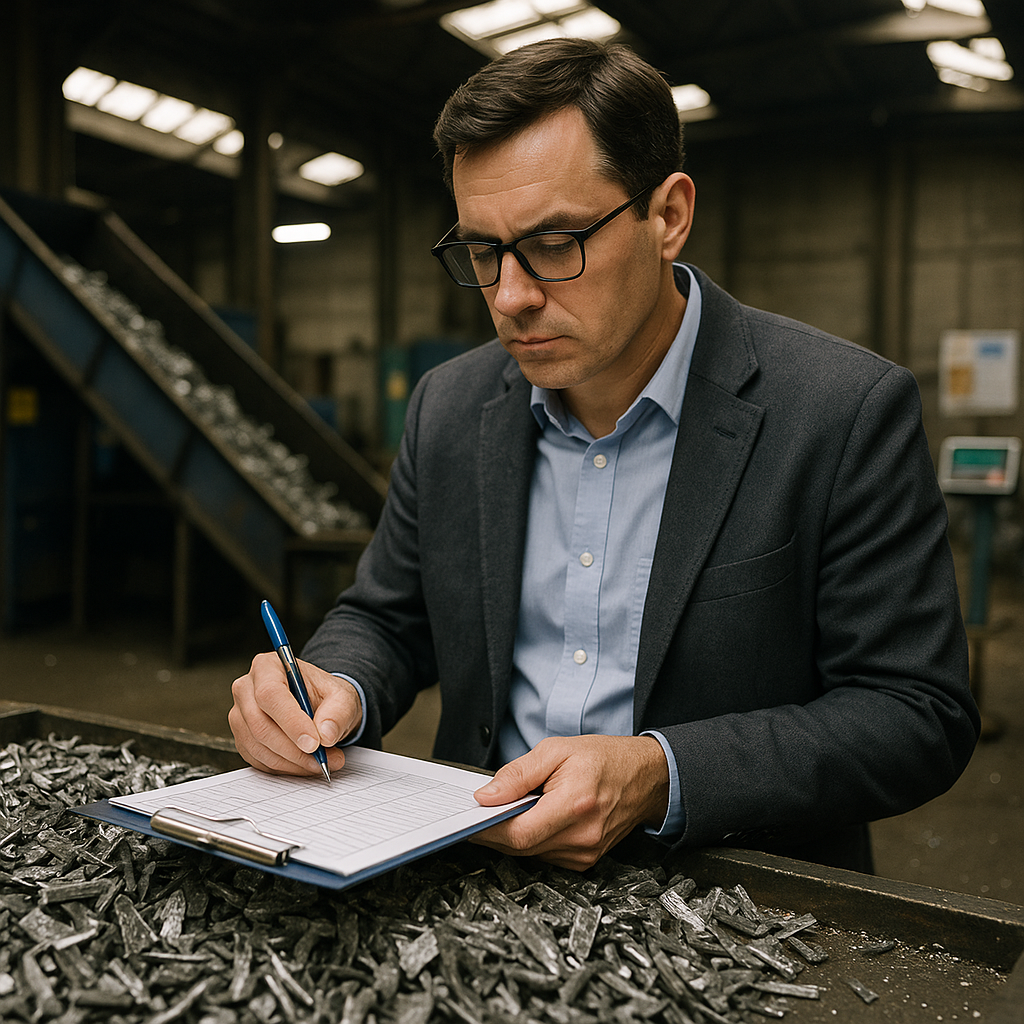 Auditor Examining Metal Scraps Auditor examining sorted metal scraps and noting details on inspection sheet with a conveyor belt and weighing scale in the background