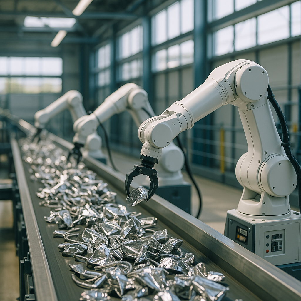 Advanced Sorting Robots in a Recycling Facility Modern automated recycling facility with sorting robots processing metal scraps in a clean environment.