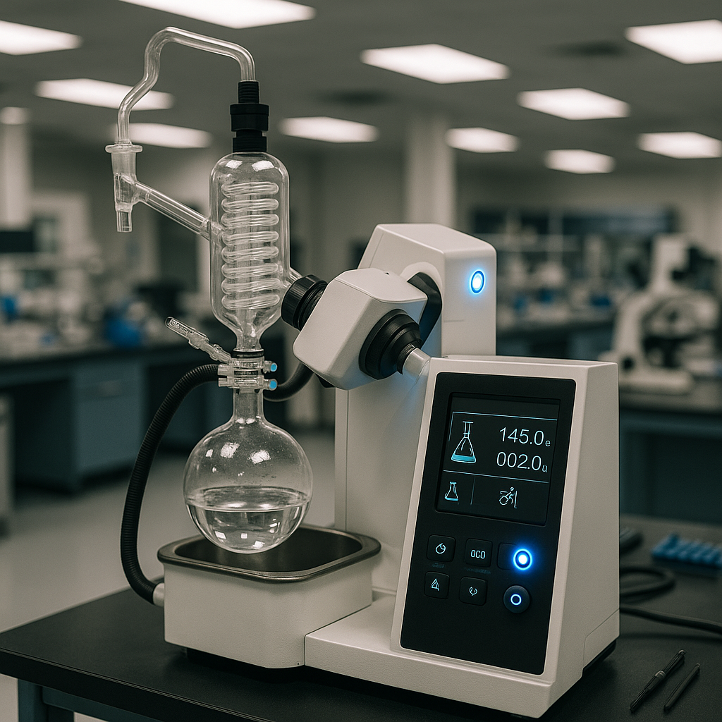 Advanced Vacuum Distillation Equipment Close-up of advanced automated vacuum distillation equipment with digital controls and modern sensors in a high-tech lab setting.