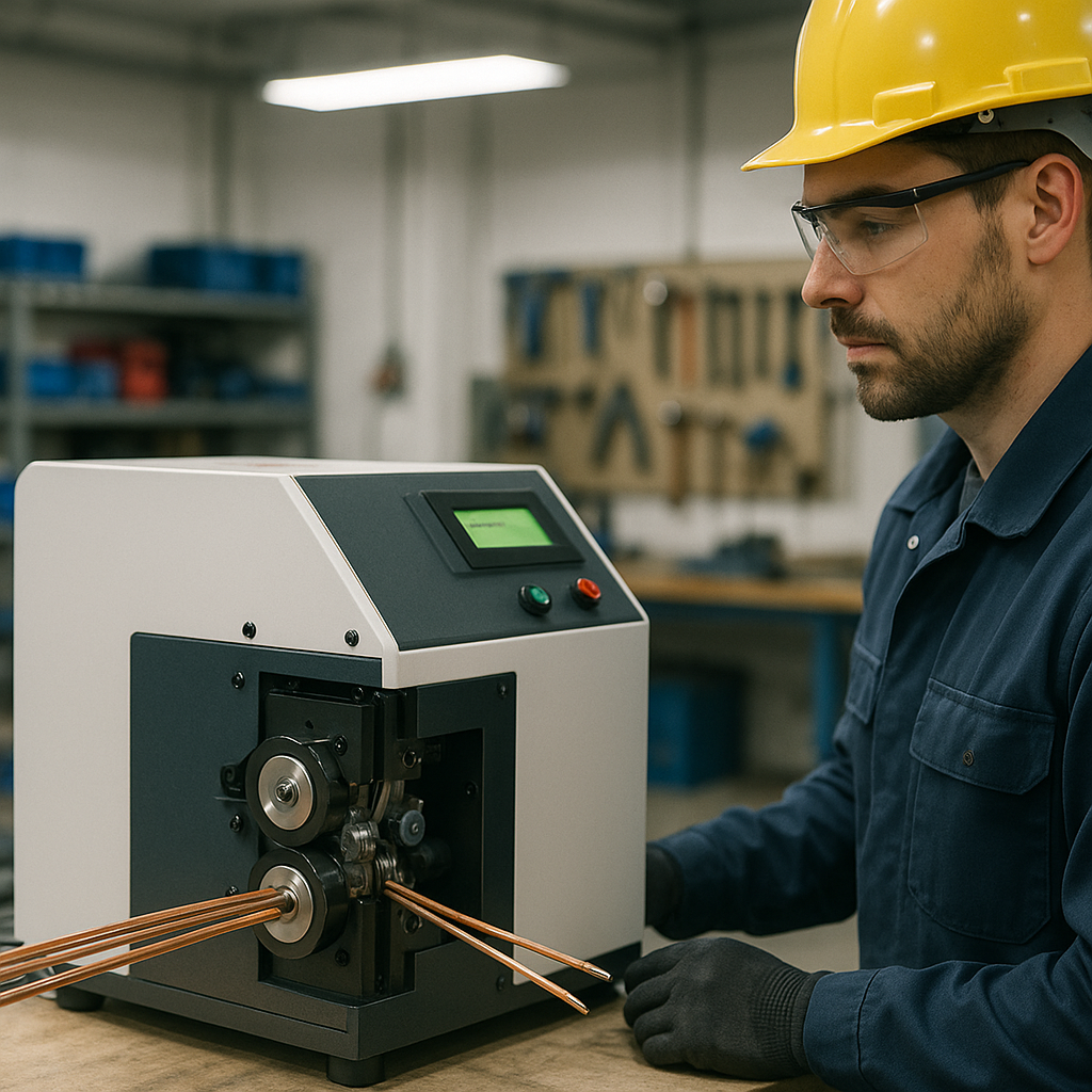 Automated Wire Stripping Machine in Operation Automated wire stripping machine operating on copper wires with a technician overseeing the process in a clean industrial workshop