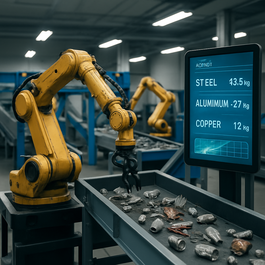 Futuristic Automated Recycling Facility Modern automated recycling facility with advanced technology, featuring conveyor belts and robotic arms sorting metals.