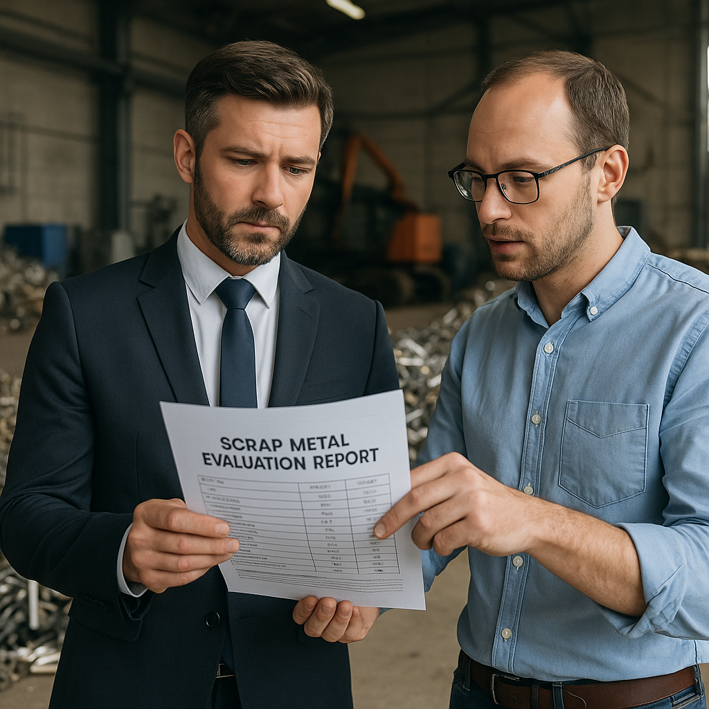 Business Manager and Auditor Evaluating Scrap Metal Report Business manager and auditor evaluating a scrap metal report beside high-quality sorted metal pieces in a recycling facility.