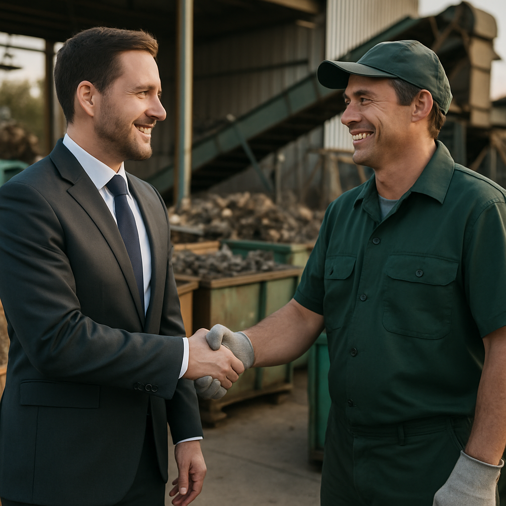 Business manager shaking hands with recycling facility worker, both smiling with organized scrap bins and industrial equipment in the background.