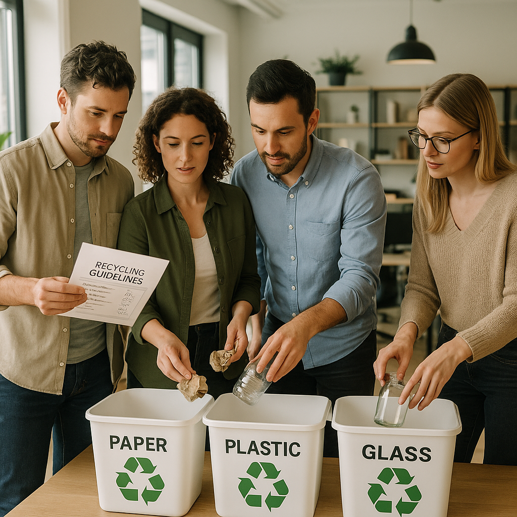 Team Sorting Recycling Materials in Office Business team reviewing recycling guidelines next to labeled bins in a modern office, engaged in sorting materials.