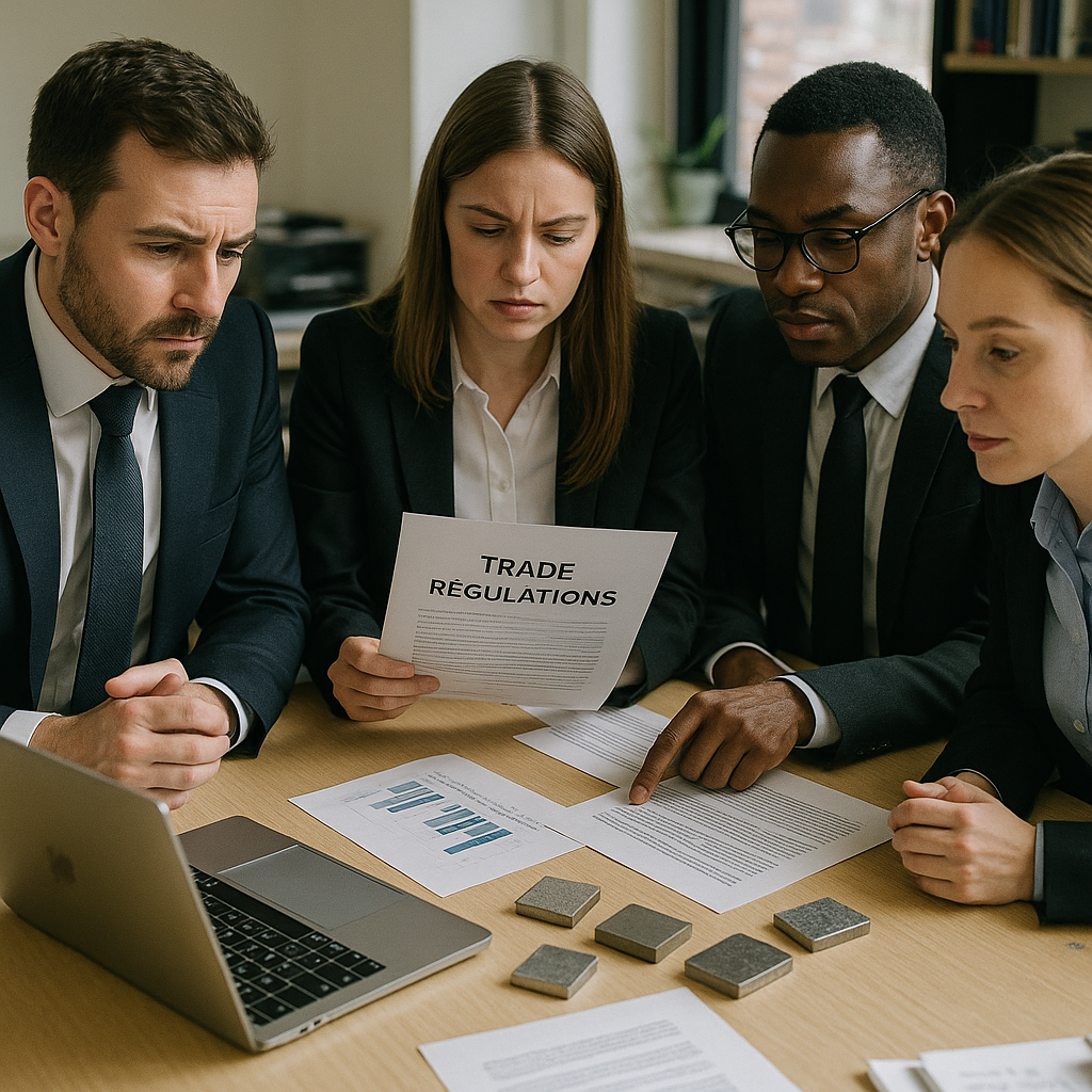 Business team in formal attire discussing documents and trade regulations at an office table with a laptop showing trade data and metal samples on the desk, displaying serious expressions.