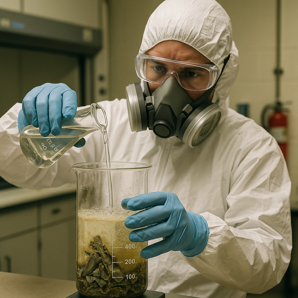 Chemist Pouring Chemicals into Beaker Chemist wearing protective gear pouring chemicals into a glass beaker with metal scraps dissolving, fume hood and safety equipment in background.